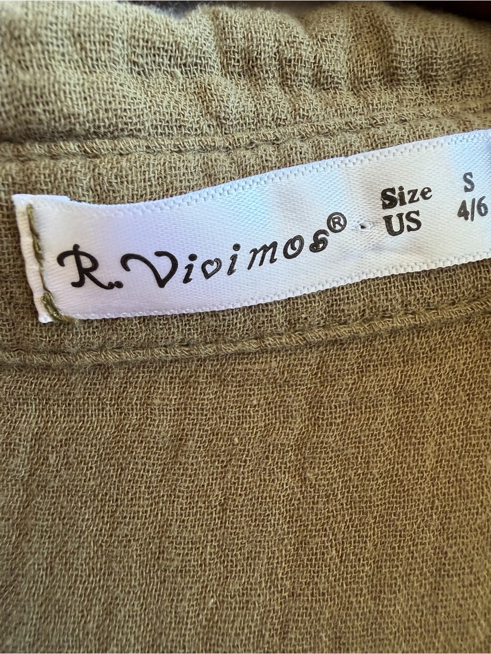 R. Vivimos Olive 100% Cotton Gauze Tiered Shirt Dress S Pockets - Picture 3 of 6